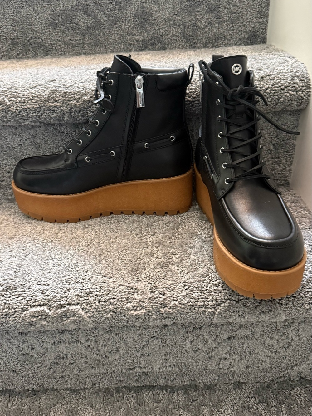 Michael Kors Black Lace-Up Platform Boots with Tan Sole